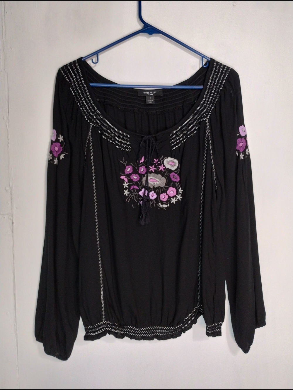 Nine West Black Peasant Blouse with Purple Floral Embroidery